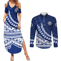 Northern Mariana Islands Saipan Couples Matching Summer Maxi Dress and Long Sleeve Button Shirt Polynesian Tribal Pattern - Commonwealth Seal Art