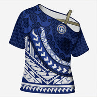 Northern Mariana Islands Saipan Cross Shoulder Shirt Polynesian Tribal Pattern - Commonwealth Seal Art TS04 Female Blue White - Polynesian Pride