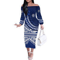 Northern Mariana Islands Saipan Family Matching Off The Shoulder Long Sleeve Dress and Hawaiian Shirt Polynesian Tribal Pattern - Commonwealth Seal Art