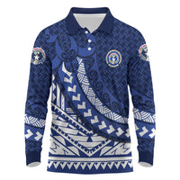 Northern Mariana Islands Saipan Long Sleeve Polo Shirt Polynesian Tribal Pattern - Commonwealth Seal Art TS04 Blue White - Polynesian Pride