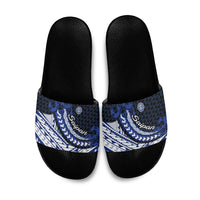 Northern Mariana Islands Saipan Slide Sandals Polynesian Tribal Pattern - Commonwealth Seal Art TS04 Blue White - Polynesian Pride
