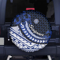 Northern Mariana Islands Saipan Spare Tire Cover Polynesian Tribal Pattern - Commonwealth Seal Art TS04 No hole Blue White - Polynesian Pride