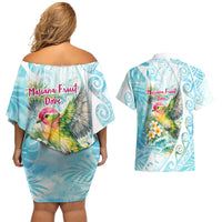 Saipan CMNI Couples Matching Off Shoulder Short Dress and Hawaiian Shirt Polynesian Northern Mariana Islands Fruit Dove Watercolor