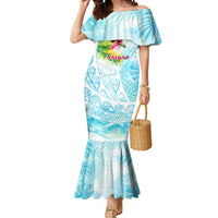 Saipan CMNI Mermaid Dress Polynesian Northern Mariana Islands Fruit Dove Watercolor TS04 Women Blue White - Polynesian Pride