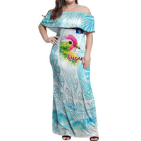 Saipan CMNI Off Shoulder Maxi Dress Polynesian Northern Mariana Islands Fruit Dove Watercolor TS04 Women Blue White - Polynesian Pride