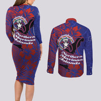Saipan Northern Mariana Islands Couples Matching Long Sleeve Bodycon Dress and Long Sleeve Button Shirt Polynesian Tribal Tattoo Art With Hibiscus Flowers And Seal