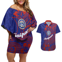 Saipan Northern Mariana Islands Couples Matching Off Shoulder Short Dress and Hawaiian Shirt Polynesian Tribal Tattoo Art With Hibiscus Flowers And Seal