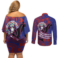 Saipan Northern Mariana Islands Couples Matching Off Shoulder Short Dress and Long Sleeve Button Shirt Polynesian Tribal Tattoo Art With Hibiscus Flowers And Seal