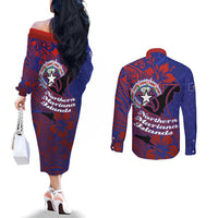 Saipan Northern Mariana Islands Couples Matching Off The Shoulder Long Sleeve Dress and Long Sleeve Button Shirt Polynesian Tribal Tattoo Art With Hibiscus Flowers And Seal