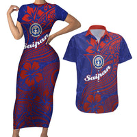 Saipan Northern Mariana Islands Couples Matching Short Sleeve Bodycon Dress and Hawaiian Shirt Polynesian Tribal Tattoo Art With Hibiscus Flowers And Seal