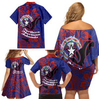Saipan Northern Mariana Islands Family Matching Off Shoulder Short Dress and Hawaiian Shirt Polynesian Tribal Tattoo Art With Hibiscus Flowers And Seal