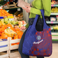 Saipan Northern Mariana Islands Grocery Bag Polynesian Tribal Tattoo Art With Hibiscus Flowers And Seal