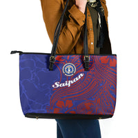 Saipan Northern Mariana Islands Leather Tote Bag Polynesian Tribal Tattoo Art With Hibiscus Flowers And Seal