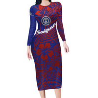 Saipan Northern Mariana Islands Long Sleeve Bodycon Dress Polynesian Tribal Tattoo Art With Hibiscus Flowers And Seal