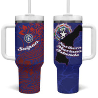 Saipan Northern Mariana Islands Tumbler With Handle Polynesian Tribal Tattoo Art With Hibiscus Flowers And Seal