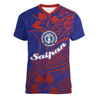 Saipan Northern Mariana Islands Women V-Neck T-Shirt Polynesian Tribal Tattoo Art With Hibiscus Flowers And Seal