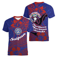 Saipan Northern Mariana Islands Women V-Neck T-Shirt Polynesian Tribal Tattoo Art With Hibiscus Flowers And Seal