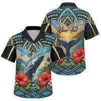 Personalized Masefau American Samoa Whale Family Matching Off Shoulder Short Dress and Hawaiian Shirt Polynesian Tribal Pattern Tropical Hibiscus TS04 Son's Shirt Black Blue - Polynesian Pride