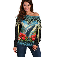 Personalized Masefau American Samoa Whale Off Shoulder Sweater Polynesian Tribal Pattern Tropical Hibiscus