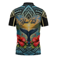 Personalized Masefau American Samoa Whale Zipper Polo Shirt Polynesian Tribal Pattern Tropical Hibiscus