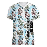 Personalized Masefau American Samoa Women V-Neck T-Shirt Vintage Whale Hibiscus Ocean Waves TS04 Female White Blue - Polynesian Pride