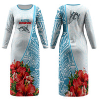 Personalized American Samoa Masefau Family Matching Long Sleeve Bodycon Dress and Hawaiian Shirt Hibiscus Tropical Floral Whale Polynesian Tribal Pattern TS04 Mom's Dress White Blue - Polynesian Pride