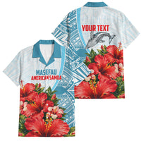 Personalized American Samoa Masefau Family Matching Short Sleeve Bodycon Dress and Hawaiian Shirt Hibiscus Tropical Floral Whale Polynesian Tribal Pattern TS04 Dad's Shirt - Short Sleeve White Blue - Polynesian Pride