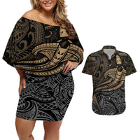 Polynesian Couples Matching Off Shoulder Short Dress and Hawaiian Shirt Hammerhead Shark Tribal Pattern TS04 Black Yellow - Polynesian Pride