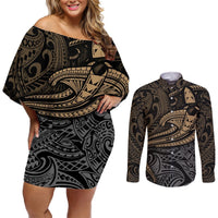 Polynesian Couples Matching Off Shoulder Short Dress and Long Sleeve Button Shirts Hammerhead Shark Tribal Pattern TS04 Black Yellow - Polynesian Pride