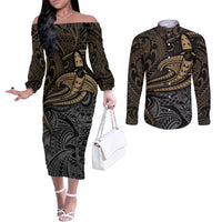 Polynesian Couples Matching Off The Shoulder Long Sleeve Dress and Long Sleeve Button Shirts Hammerhead Shark Tribal Pattern TS04 Black Yellow - Polynesian Pride