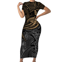 Polynesian Short Sleeve Bodycon Dress Hammerhead Shark Tribal Pattern TS04 Long Dress Black/Yellow - Polynesian Pride