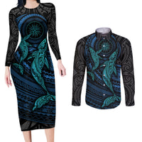 Polynesian Whale Couples Matching Long Sleeve Bodycon Dress and Long Sleeve Button Shirts TS04 Black Cyan - Polynesian Pride