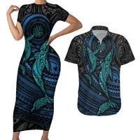 Polynesian Whale Couples Matching Short Sleeve Bodycon Dress and Hawaiian Shirt TS04 Black Cyan - Polynesian Pride