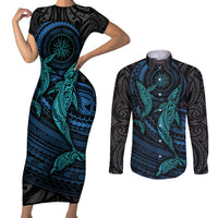 Polynesian Whale Couples Matching Short Sleeve Bodycon Dress and Long Sleeve Button Shirts TS04 Black Cyan - Polynesian Pride