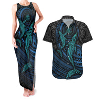 Polynesian Whale Couples Matching Tank Maxi Dress and Hawaiian Shirt TS04 Black Cyan - Polynesian Pride