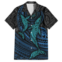 Polynesian Whale Family Matching Off Shoulder Short Dress and Hawaiian Shirt TS04 Dad's Shirt - Short Sleeve Black/Cyan - Polynesian Pride