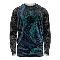 Polynesian Whale Long Sleeve Shirt TS04 Unisex Black Cyan - Polynesian Pride