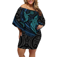 Polynesian Whale Off Shoulder Short Dress TS04 Women Black Cyan - Polynesian Pride