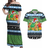Micronesia Christmas Couples Matching Off Shoulder Maxi Dress and Hawaiian Shirt with Santa Turtle Coral Reef and Holiday Ocean Pattern TS04 Black Green - Polynesian Pride