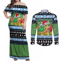 Micronesia Christmas Couples Matching Off Shoulder Maxi Dress and Long Sleeve Button Shirt with Santa Turtle Coral Reef and Holiday Ocean Pattern TS04 Black Green - Polynesian Pride