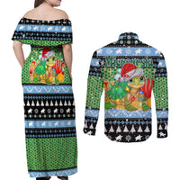 Micronesia Christmas Couples Matching Off Shoulder Maxi Dress and Long Sleeve Button Shirt with Santa Turtle Coral Reef and Holiday Ocean Pattern TS04 - Polynesian Pride
