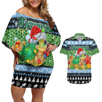 Micronesia Christmas Couples Matching Off Shoulder Short Dress and Hawaiian Shirt with Santa Turtle Coral Reef and Holiday Ocean Pattern TS04 Black Green - Polynesian Pride