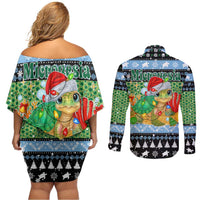 Micronesia Christmas Couples Matching Off Shoulder Short Dress and Long Sleeve Button Shirt with Santa Turtle Coral Reef and Holiday Ocean Pattern TS04 - Polynesian Pride
