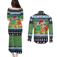Micronesia Christmas Couples Matching Puletasi and Long Sleeve Button Shirt with Santa Turtle Coral Reef and Holiday Ocean Pattern TS04 - Polynesian Pride
