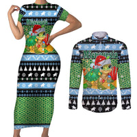Micronesia Christmas Couples Matching Short Sleeve Bodycon Dress and Long Sleeve Button Shirt with Santa Turtle Coral Reef and Holiday Ocean Pattern TS04 Black Green - Polynesian Pride