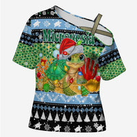 Micronesia Christmas Cross Shoulder Shirt with Santa Turtle Coral Reef and Holiday Ocean Pattern - Polynesian Pride