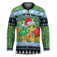 Micronesia Christmas Hockey Jersey with Santa Turtle Coral Reef and Holiday Ocean Pattern TS04 Unisex Black Green - Polynesian Pride