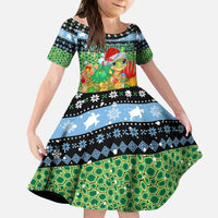 Micronesia Christmas Kid Short Sleeve Dress with Santa Turtle Coral Reef and Holiday Ocean Pattern TS04 KID Black Green - Polynesian Pride