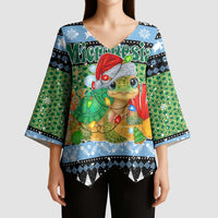 Micronesia Christmas Kimono Sleeve Blouse with Santa Turtle Coral Reef and Holiday Ocean Pattern - Polynesian Pride