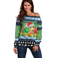 Micronesia Christmas Off Shoulder Sweater with Santa Turtle Coral Reef and Holiday Ocean Pattern - Polynesian Pride